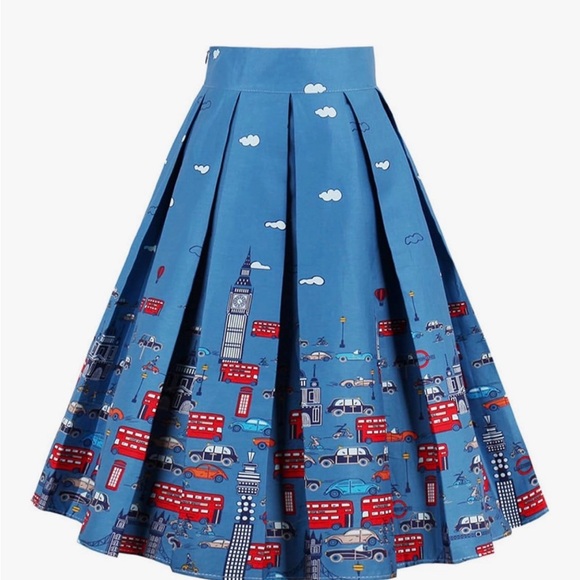 Dresses & Skirts - London Skyline Print Circle Skirt Blue Red‎ Retro A-Line Size XL